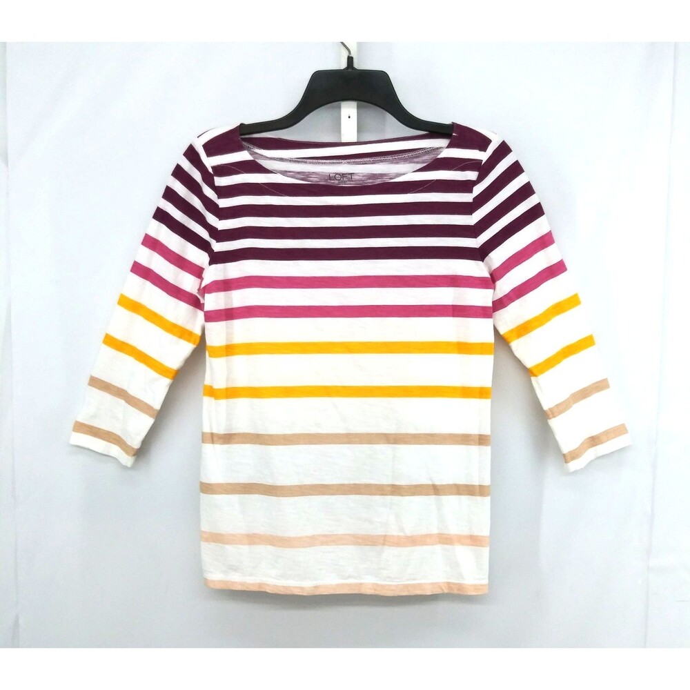 LOFT Shirt Women Small White Multicolor Striped 3/4 Sleeve Boat Neck Lightweight